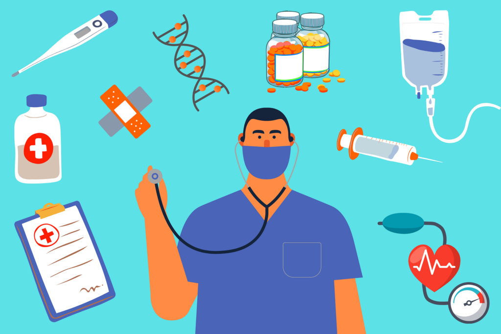 Clip art of a brown-skinned doctor surrounded by medical gear and healthcare-related objects.