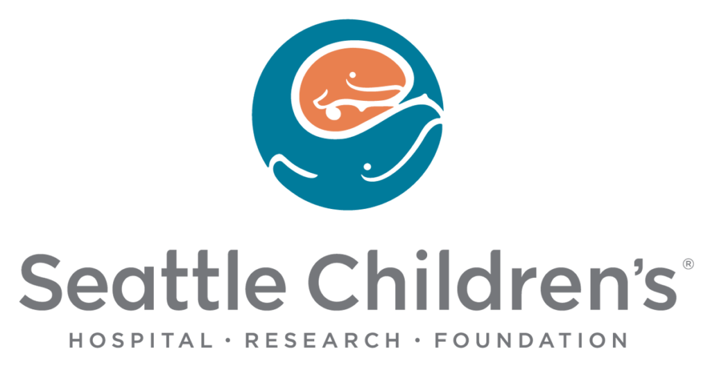 Seattle Children's logo, MEDICAL, RESEARCH, FOUNDATION, with a round graphic of a teal momma whale with her tail wrapped around an orange baby whale. 