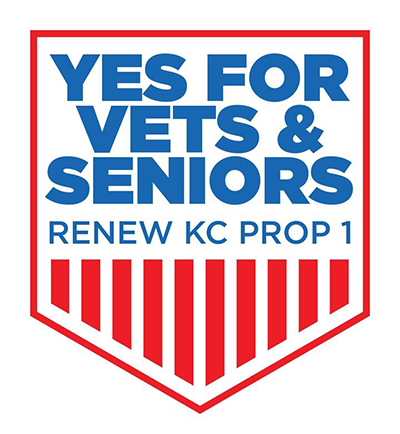 A red and blue logo that is shaped like a shield and reads "YES FOR VEWTS & SENIORS: Renew KC Prop 1"