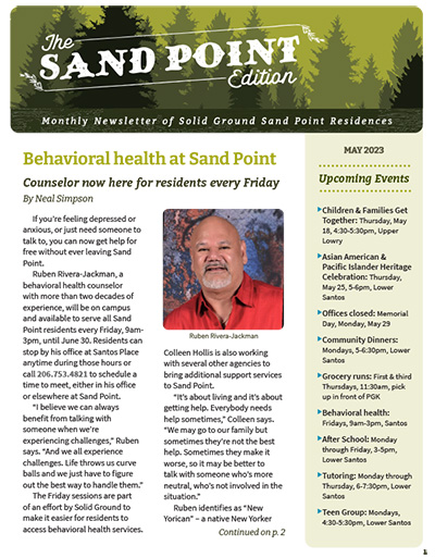 The front page of The SAND POINT Edition Monthly Newsletter of Solid Ground Sand Point Residences, MAY 2023.