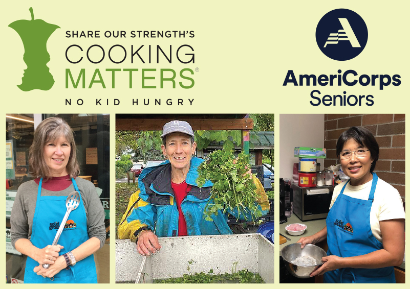 Collage of three portraits of women over 55, two wearing blue apron and holding cooking implements, one holding up a bunch of freshly washed cilantro. Above them are two logos: 1) A green graphic that looks like an apple core with faces in the cutouts and text reading SHARE OUR STRENGTH'S COOKING MATTERS NO KID HUNGRY, and 2) a navy-blue graphic reading AmeriCorps seniors.