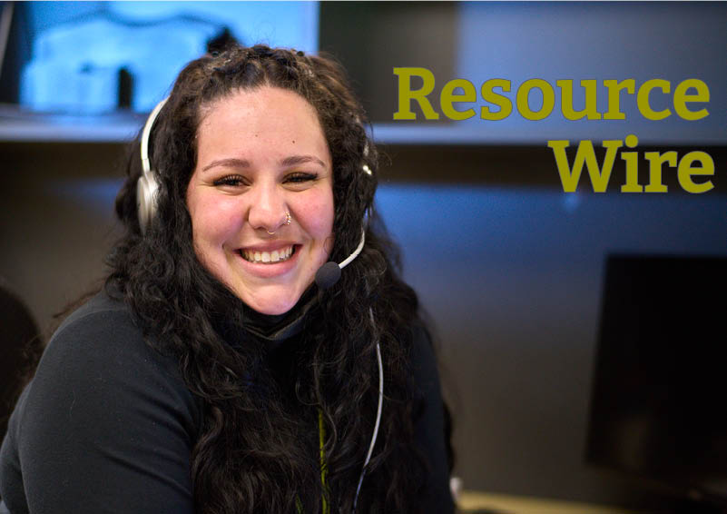 A woman with dark hair wearing a black shirt and a headset smiles at the camera. The words "Resource Wire" appears beside her.