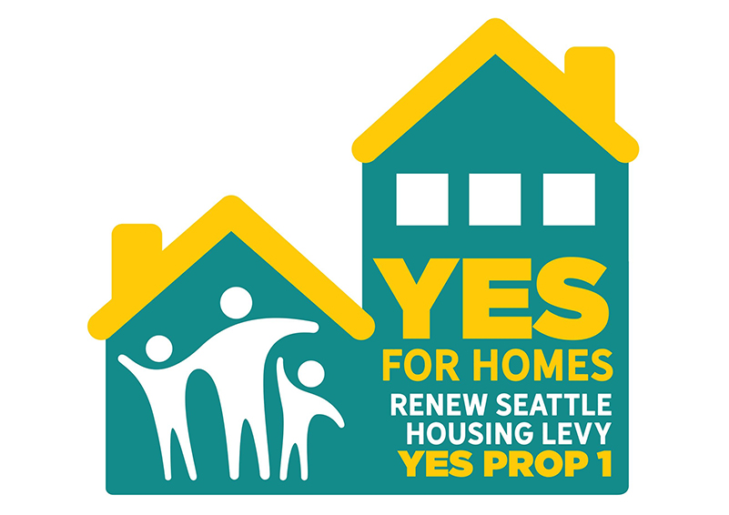 An illustrated logo of yellow and green house with the cutouts of a family of three and the words "Yes for homes. Renew Seattle Housing Levy. Yes Prop 1."
