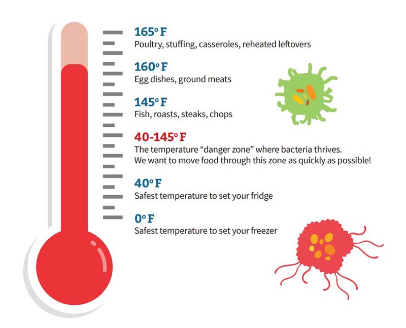 An illustration of a thermometer and the various ideal temperatures for food safety: 165°F for Poultry, stuffing, casseroles, reheated leftovers; 160°F for Egg dishes, ground meats; 145° for Fish, roasts, steaks, chops; 40-145°F is the temperature "danger zone" where bacteria thrives - We want to move food through this zone as quickly as possible; 40°F is the safest temperature to set your fridge; 0° is the safest temperature to set your freezer.