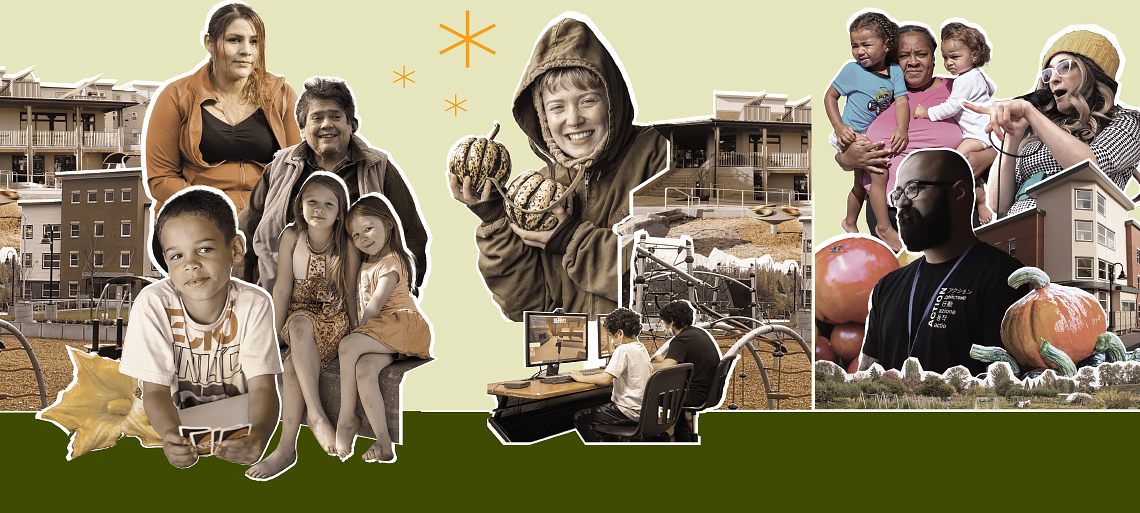 Collage of people, housing, and vegetables in muted orange and green colors.