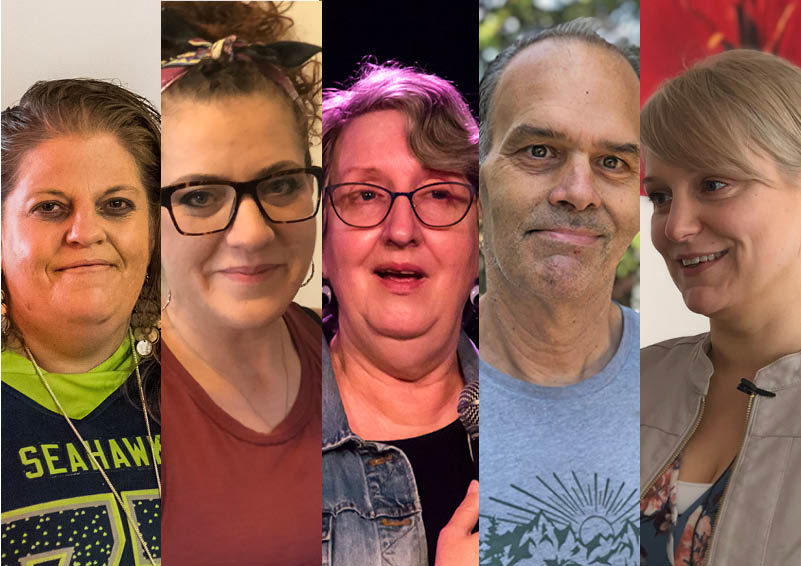 A compilation of five portrait photographs of people side by side: A woman wearing a Seahawks jersey, a woman with glasses wearing a red shirt, another woman with glasses wearing a denim jacket, a man in a gray t-shirt, and a woman in a beige jacket.
