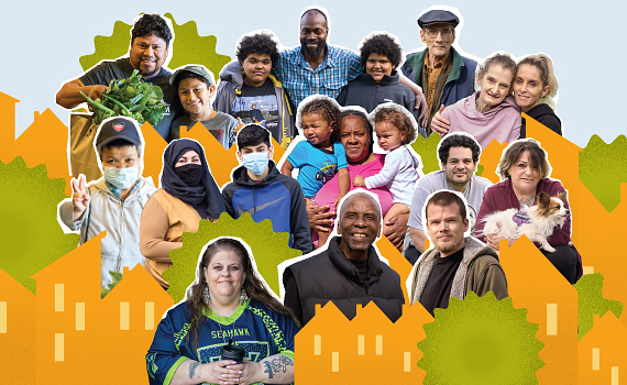 Collage of diverse people interspersed with orange housing buildings and green bushes on a light-blue sky background.
