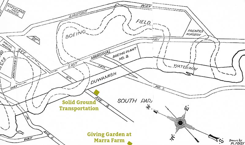 A map showing the original meandering course of the Duwamish river laid over the straightened channels of the Duwamish Waterway. The map also points out the approximate locations of Solid Ground Transportation's bus yard and Giving Garden at Marra Farm.