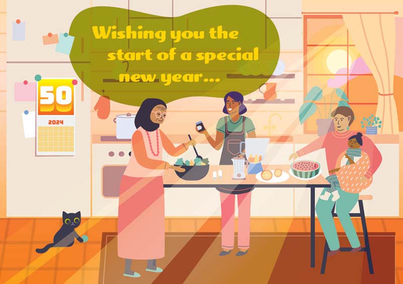 An illustration of an older woman, two parents, and a young child cooking together around a kitchen table as the sun shines through an open window. Above them is the words, "Wishing you the start of a special year..."