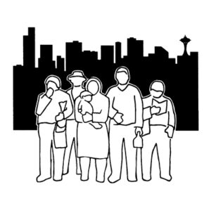 An outline of several people standing in a group set against the silhouette of the Seattle skyline.