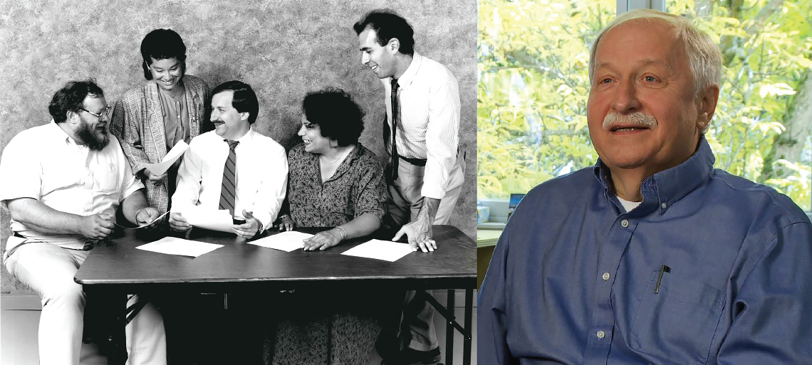 Two photos. Left, a black and white photo from the late 1980s shows five people, both men and women, in office attire, sitting and standing around a table. Right, a man with a white hair and mustache and a blue collared shirt speaks to the camera.