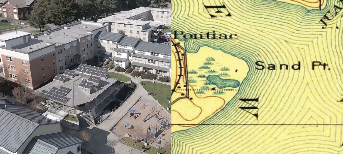 Left side: Aerial view of a housing complex with multiple buildings, trees, and a playground. Right side: Hand drawn historic map of the Sand Point peninsula before it was developed.