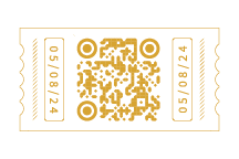 Gold QR code in the center of a ticket outline with the date 05/08/24 on either side.
