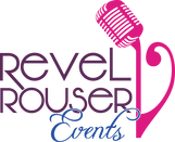 Purple and blue text reading Revel Rouser events with a pink microphone
