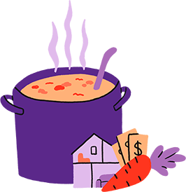 An illustration of a large purple pot bubbling with soup, along with icons of a house, dollar bills, and a carrot.