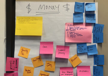 A bunch of Post Its of various sizes and colors stuck on a sheet of butcher paper that has the word "money" scribbled at the top. The Post Its have words and phrases written on them, including "quality of life," healthy," "better food," "they can eat," "they can play," "carefree," etc.