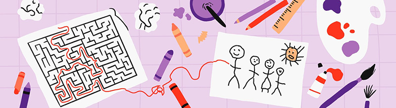 An illustration of a table top covered in art supplies, including a red thread leading from a picture of a stick-figure family through a maze on another piece of paper.