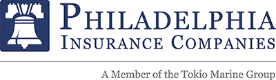 Blue and grey logo with a Liberty Bell graphic and text reading PHILADELPHIA INSURANCE Companies, A Member of the Tokio Marine Group