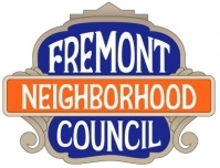 FREMONT NEIGHBORHOOD COUNCIL with white letters on blue and orange background, with a grey frame around it.