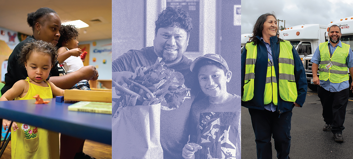 Photo triptych: Left side, a full-color photo of a mom and two toddlers playing at a blue table. Middle, slate-blue photo of a father and son smiling into the camera, and the dad holds up a back of fresh produce. Right side, a woman and man wearing safety vests smile, striding forward, in front of a row of Access buses.