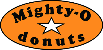 Mighty-O donuts logo with black text and a white star on an orange oval background.