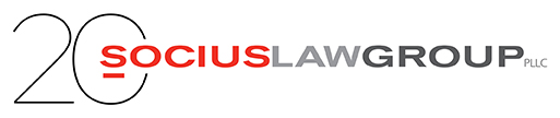 SOCIUS LAW GROUP PLLC 20th anniversary logo with black, red, and grey text