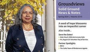 Cover of a newsletter. On the left is a photo of an Indigenous woman with shoulder-length, salt and pepper hair – and wearing a white blouse and blue blazer – stands outside in front of a Craftsman-style house. The sun is shining, and a climbing plant behind her has golden fall leaves. On the right is a periwinkle Groundviews News & Notes masthead over details of what's inside the newsletter.