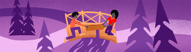 A cartoon-like illustration of two people placing a new board on a small bridge over a river.