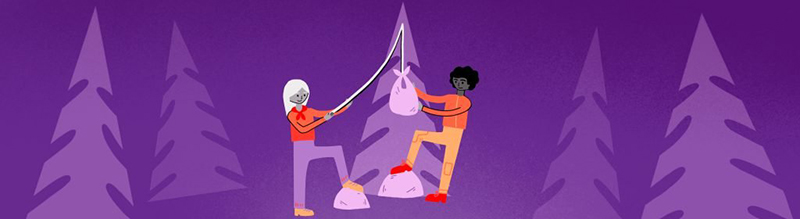 A cartoon-like illustration of two people securing a bag high in a tree, far from the ground.