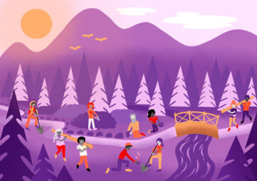 A purple-hued illustration of people maintaining a pathway through a forest beneath a mountain range. Some are laying stones, some are carrying boards of wood toward a bridge, and others are planting flowers.