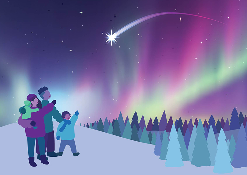 A blue-hued illustration of a family bundled up against the cold on a snowy hill overlooking a forest with the north lights and a shining star above.