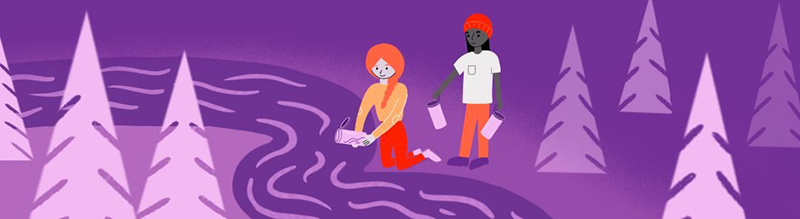 A cartoon-like illustration of two using canisters to collect water from a forest stream.