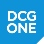 Blue, square DCG ONE logo with white lettering