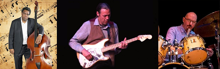 Banner photo of three musicians, a bassist on the left, guitarist in the center, and percussionist on the right.