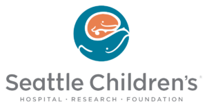 Seattle Children's logo, MEDICAL, RESEARCH, FOUNDATION, with a round graphic of a teal momma whale with her tail wrapped around an orange baby whale.