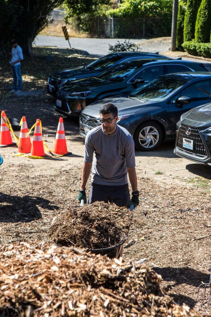 A group of volunteers shovel mulch from a giant pile into wheelbarrows and cart it away.