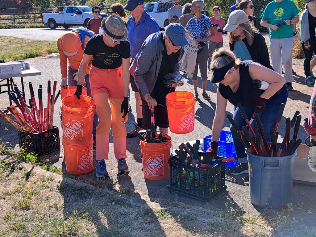 Volunteers gather to pick up orange buckets and shovels.