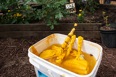 A square bucket filled with bright yellow liquid and cloth tied in knots.