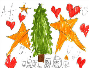 A child's drawing of red hearts and organge stars around a big pine tree with boxes drawn in black and white below it.