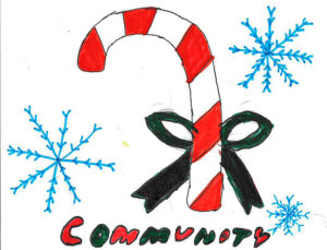 A child's drawing of a candy cane in a bow surrounded by blue snowflakes and the word "community."