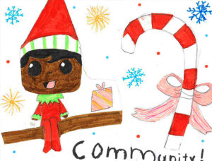 A cheery child's drawing of an Elf on a Shelf doll next to a wrapped present and a big candy cane in a bow.