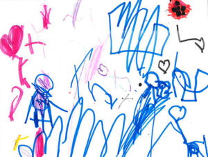A child's blue and pink scribbles.
