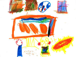 A colorfully abstract kid's drawing depicting several people around a table-shaped square under a row of boxes representing windows.