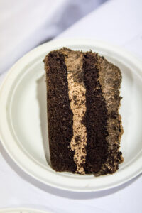 A close up of a slice of chocolate cake