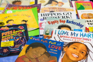 A close up of several colorful picture books.