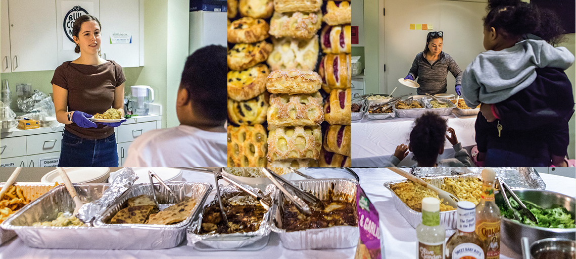 Collage of photos showing women serving food from a buffet to children and families, plus dinner foods and desserts.