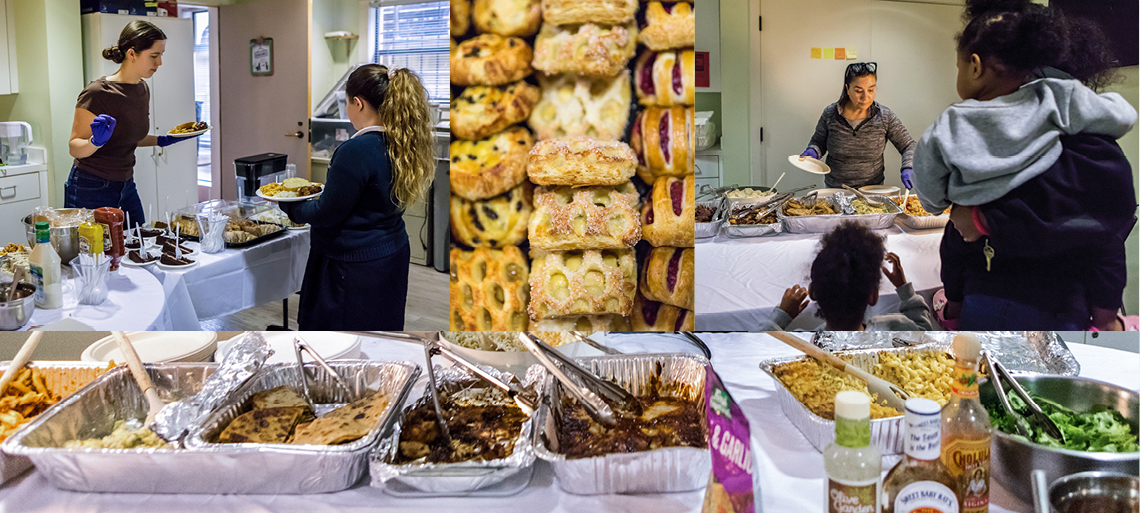 Collage of photos showing women serving food from a buffet to children and families dinner foods and desserts.