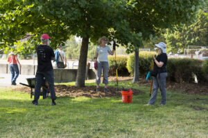 Several people with gloves, shovels, and buckets standing around a tree.