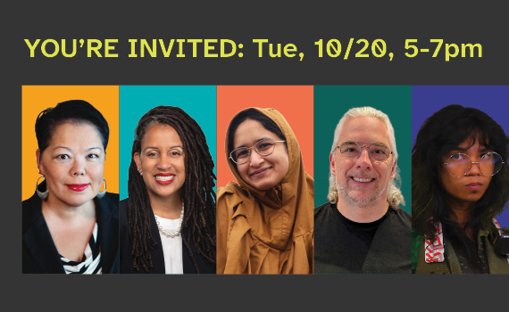 Graphic of five people on multi-colored bright backgrounds with the words YOU'RE INVITED: Tue, 10/20, 5-7pm in yellow lettering on a dark grey background above their heads.