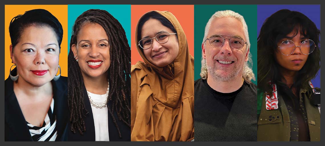 Graphic of five people on multi-colored bright backgrounds.